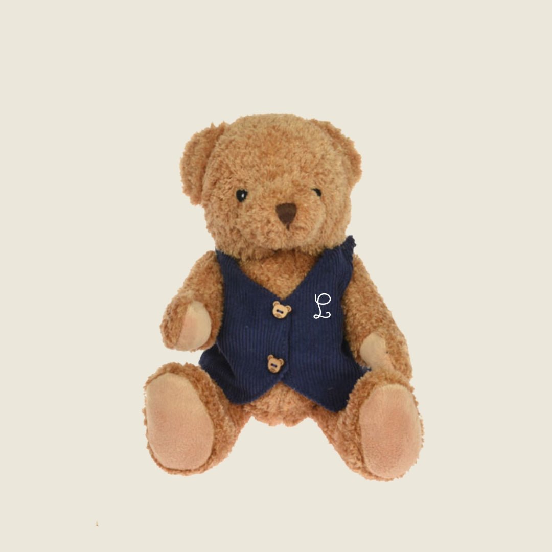 Peluche orsetto Teddy personalizzato con vestito rosso e ricamo a mano iniziale nome bambino.